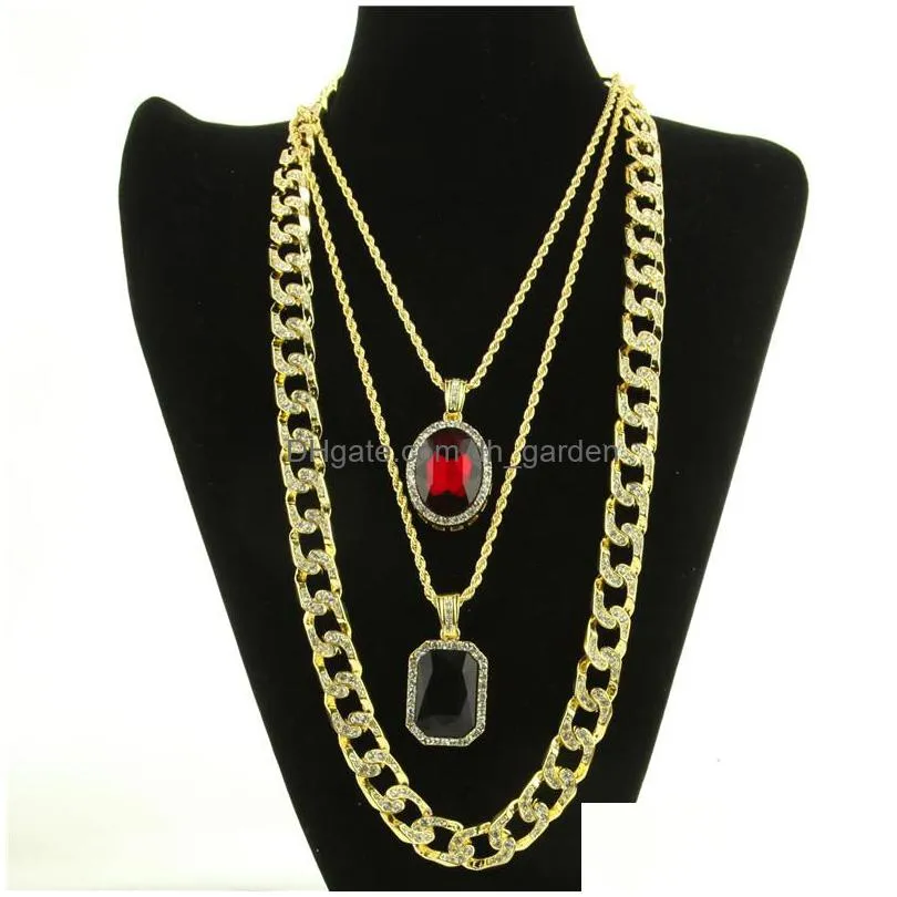 mens hip hop necklace ruby pendant necklaces fashion cuban link chain jewelry 3pcs/set