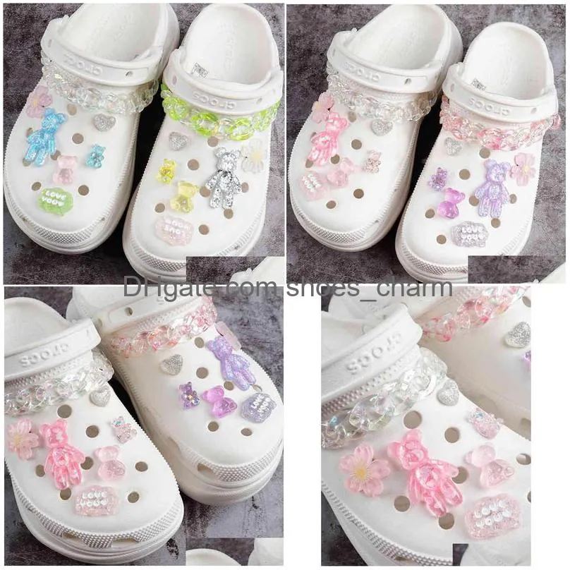 transparent glitter bear charms designer diy color chain shoes decaration for croc jibbits clogs kids boy women girls gifts