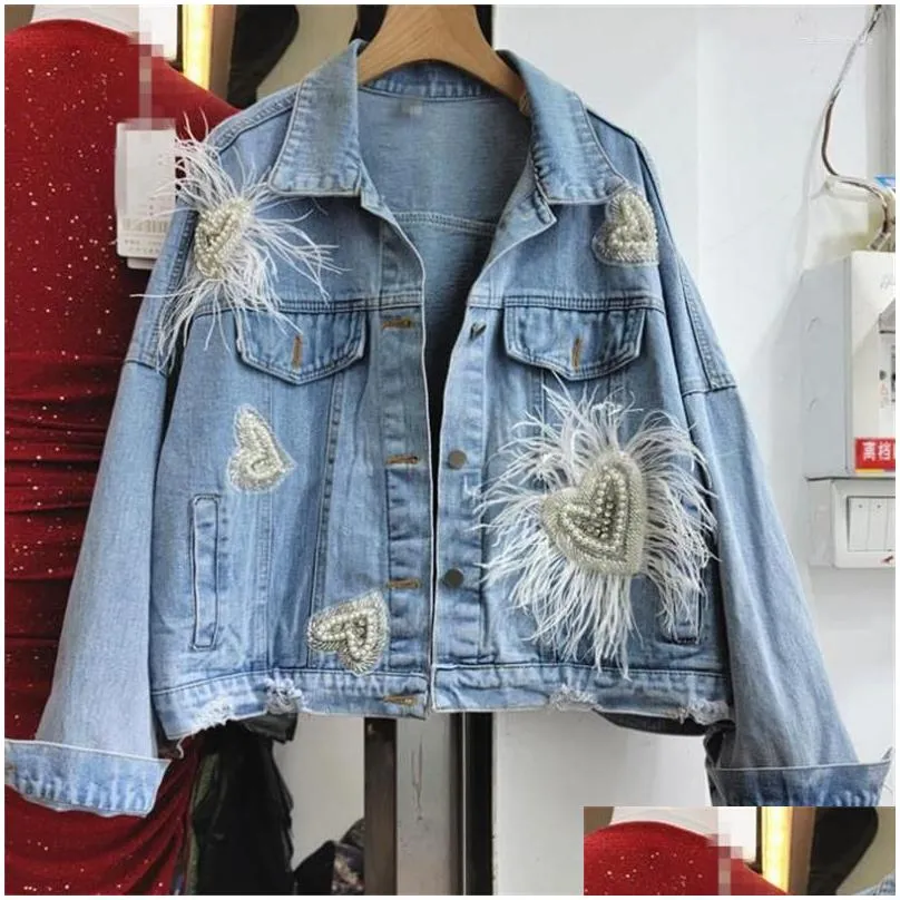 womens jackets women denim jacket female diamonds tassel jean coat feather