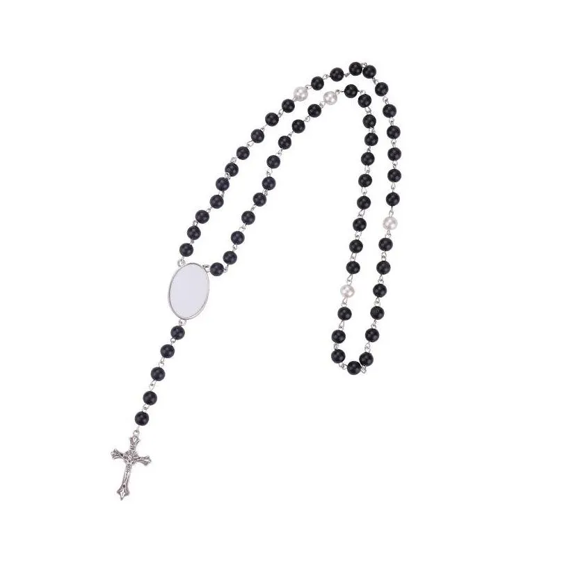 2022 trendy sublimation blank rosary necklace cross pendant necklace with oval insert diy p os gift