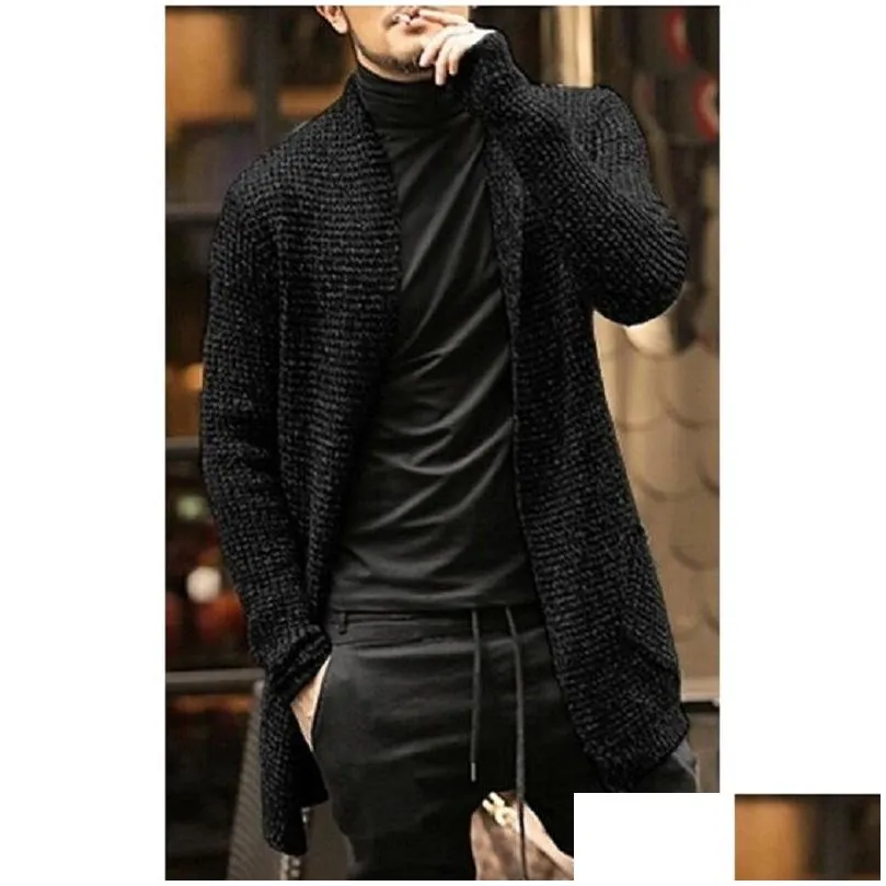knitted cardigan men autumn mens long sweater jacket casual slim fit trench knitwear sweaters streetwear tops gray 201210