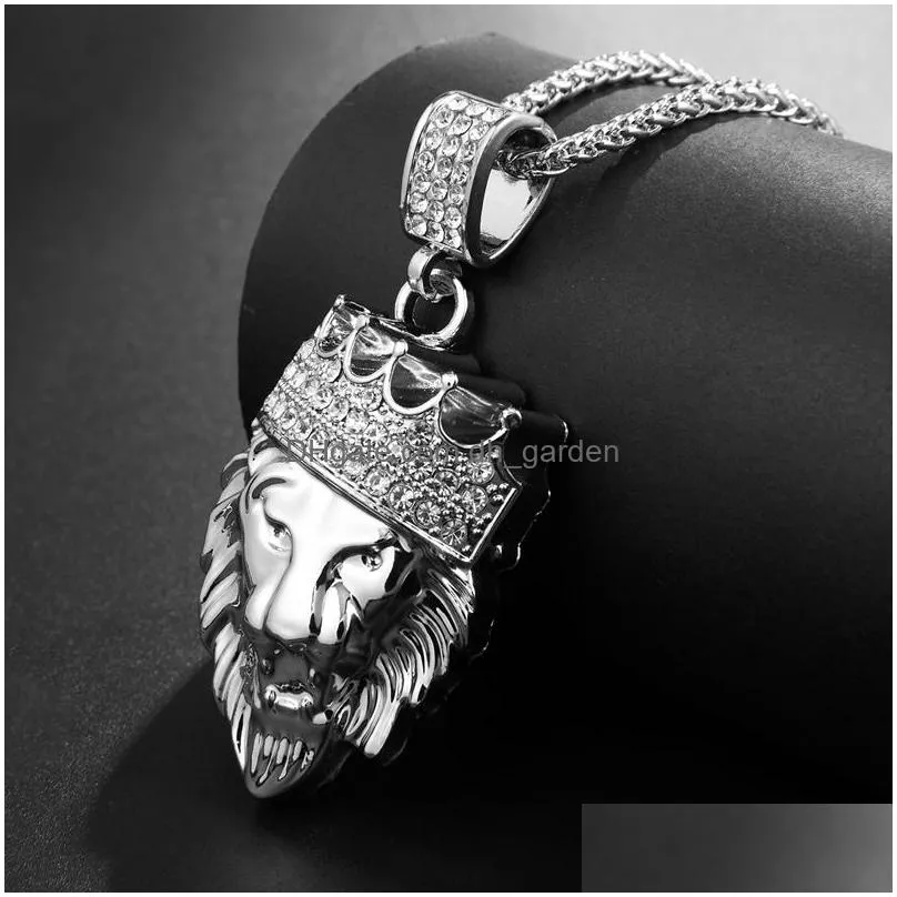 mens hip hop gold cuban link chain  head king crown pendant necklace fashion jewelry