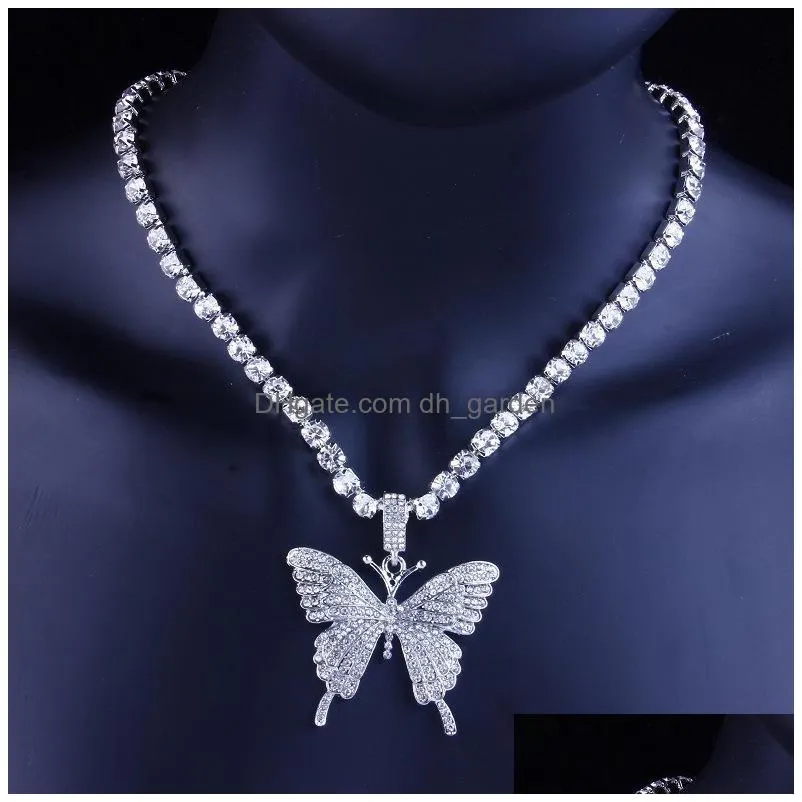 iced out butterfly pendant necklace gold silver tennis chain mens womens hip hop necklaces jewelry