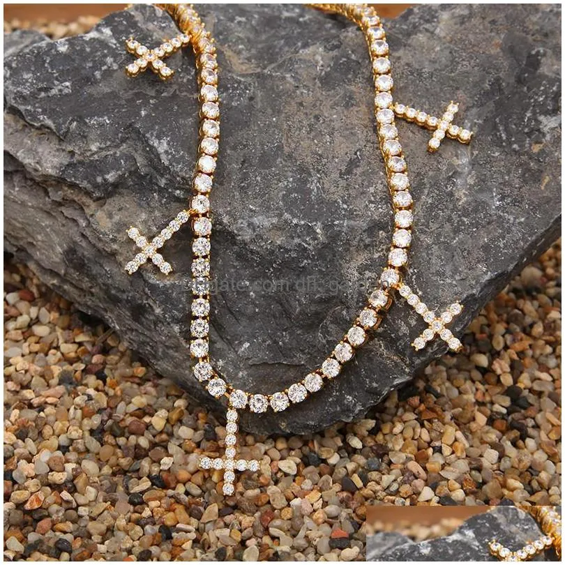 hip hop bling chains jewelry men gold silver iced out tennis chain fashion cross pendant necklace
