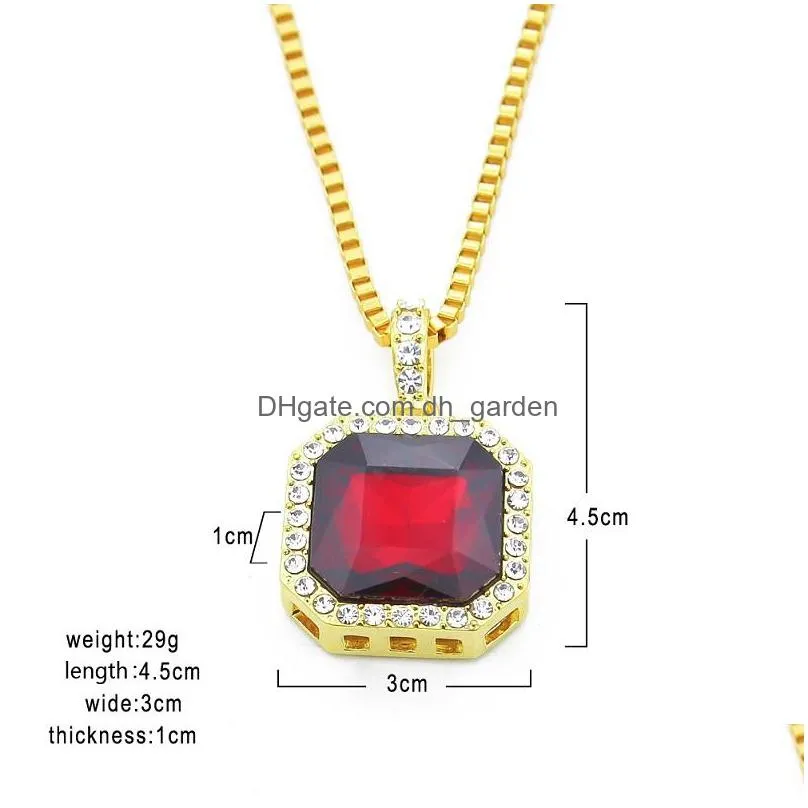 mens square ruby pendant necklace gold box chain for men fashion hip hop necklaces jewelry