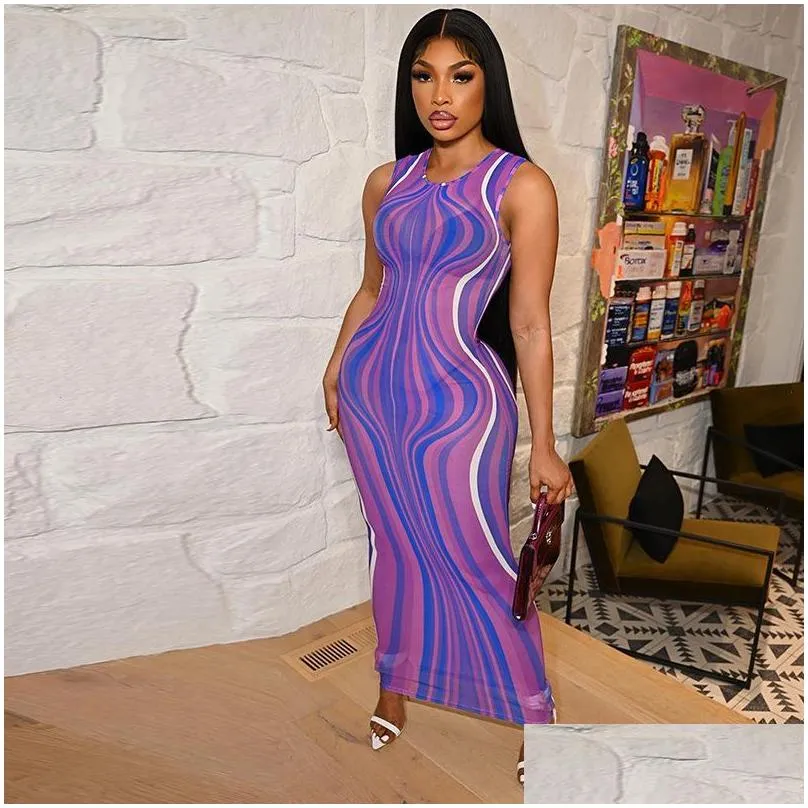 ripple wave print midi dress women striped sexy mesh transparent bodycon dresses summer elegant party outfits