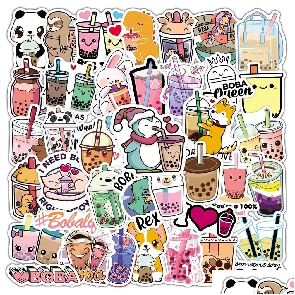 50pcs cute cartoon pearl milk tea stickers pack for girl boba bubble teas decal sticker to diy stationery luggage suitcase laptop guitar pc water