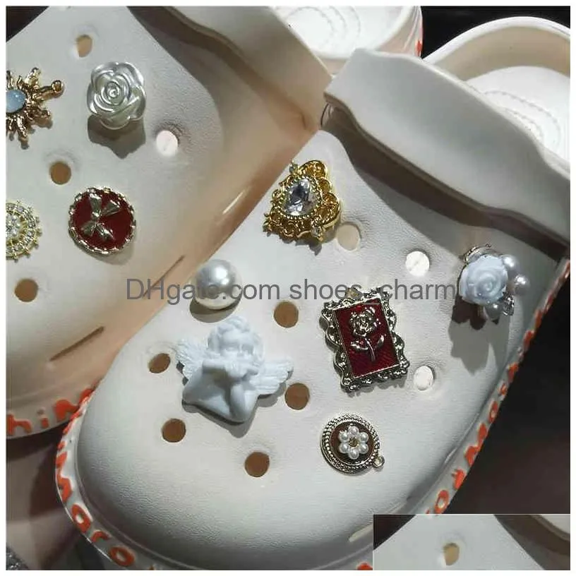 vintage little angel croc charms shoes pearl gemstone shoe buckle rose flower rhinestone decoration