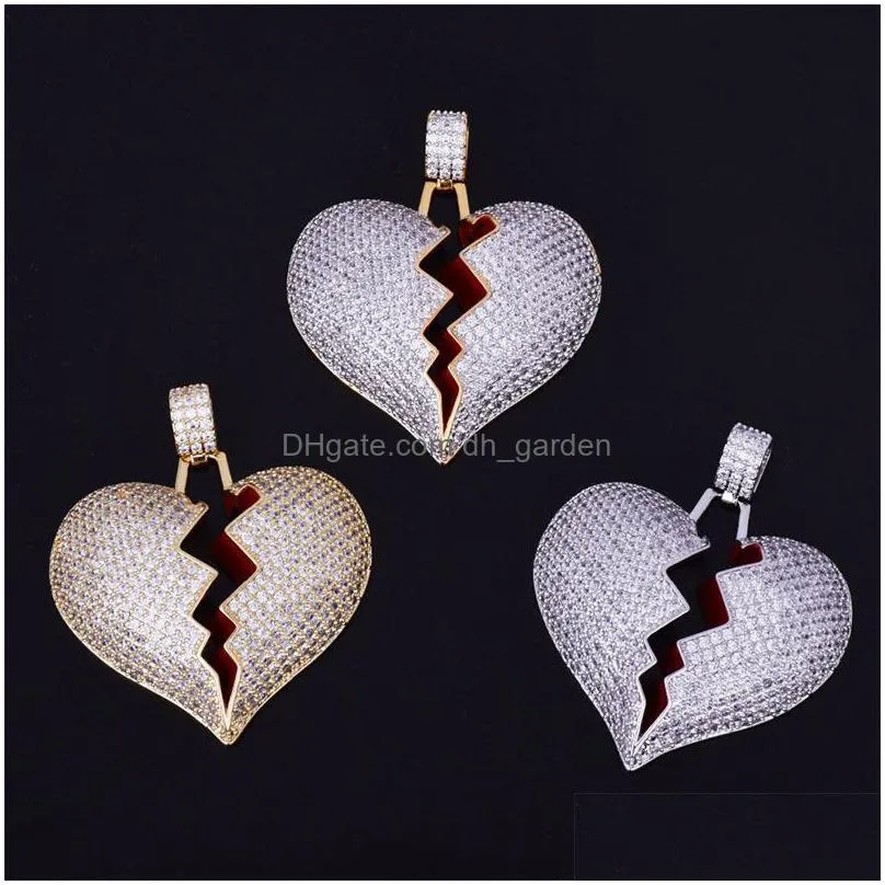hip hop solid broken heart iced out pendant necklace charm for men women gold color cubic zircon jewelry