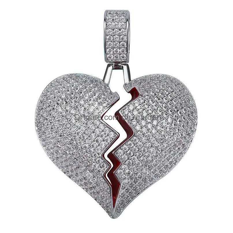 hip hop solid broken heart iced out pendant necklace charm for men women gold color cubic zircon jewelry