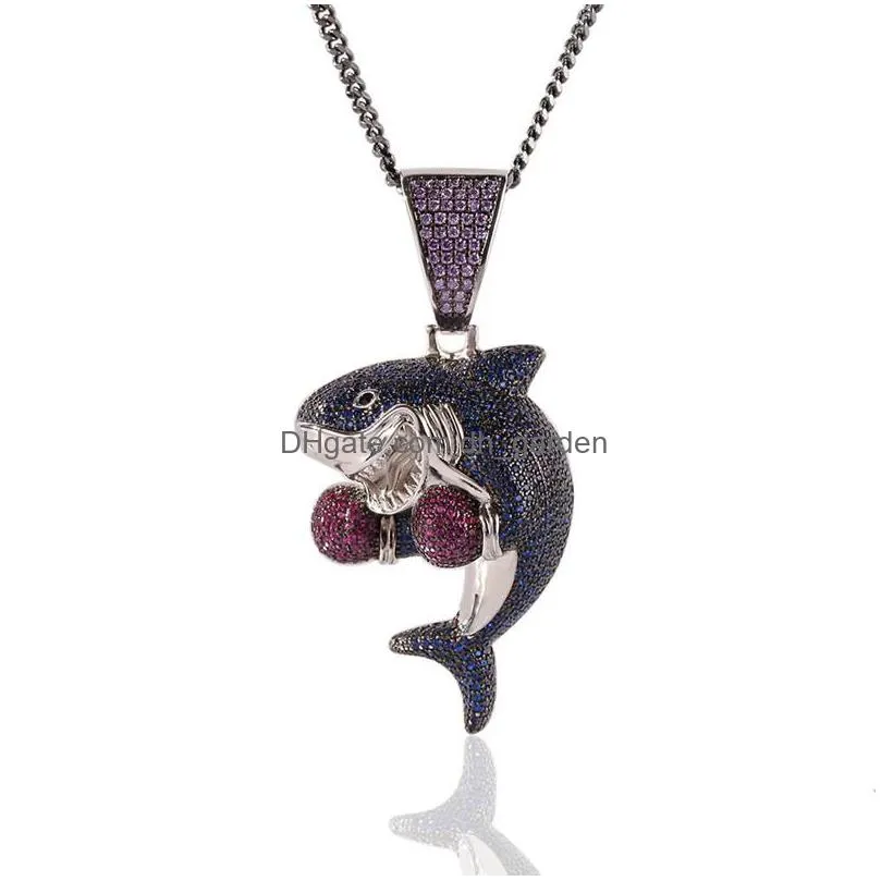 iced out boxing shark pendant necklace fashion mens hip hop jewelry gold silver cuban chain necklaces