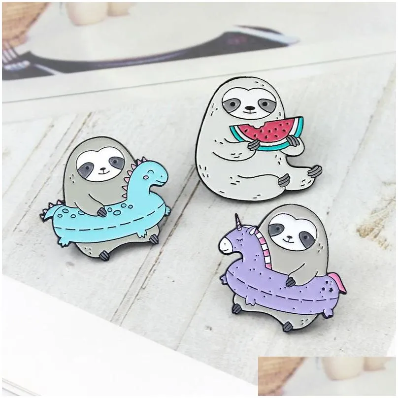 sloth swim ring eat watermelon personality creative brooch cartoon special tide new lapels denim coat badge pins accessory