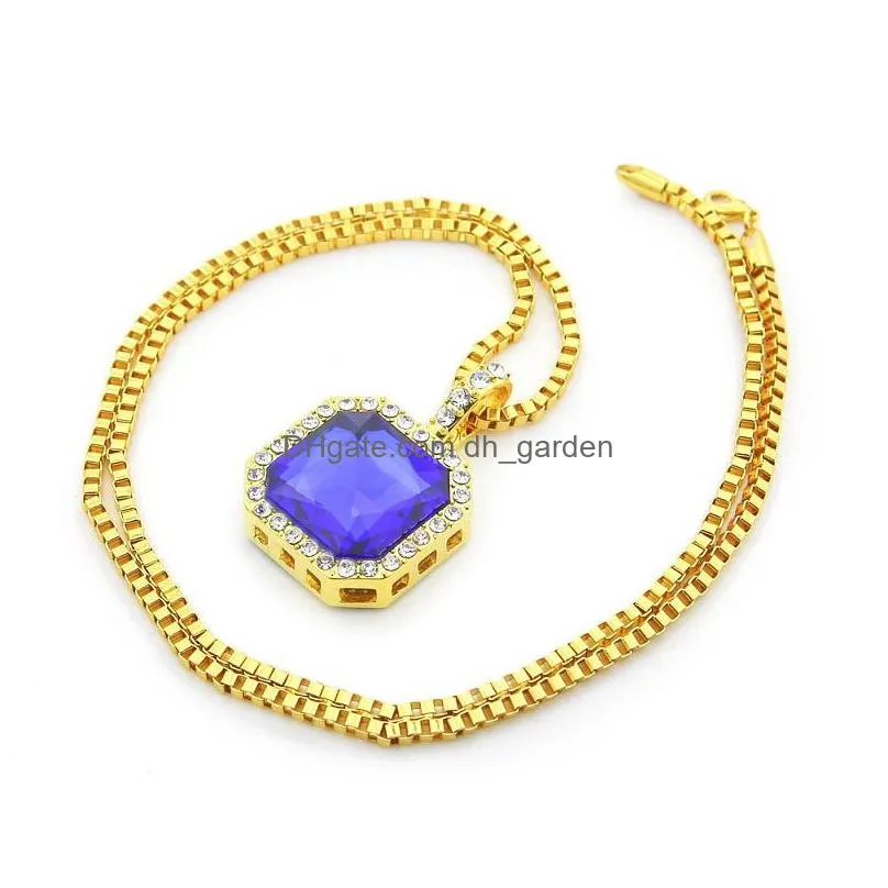 mens square ruby pendant necklace gold box chain for men fashion hip hop necklaces jewelry