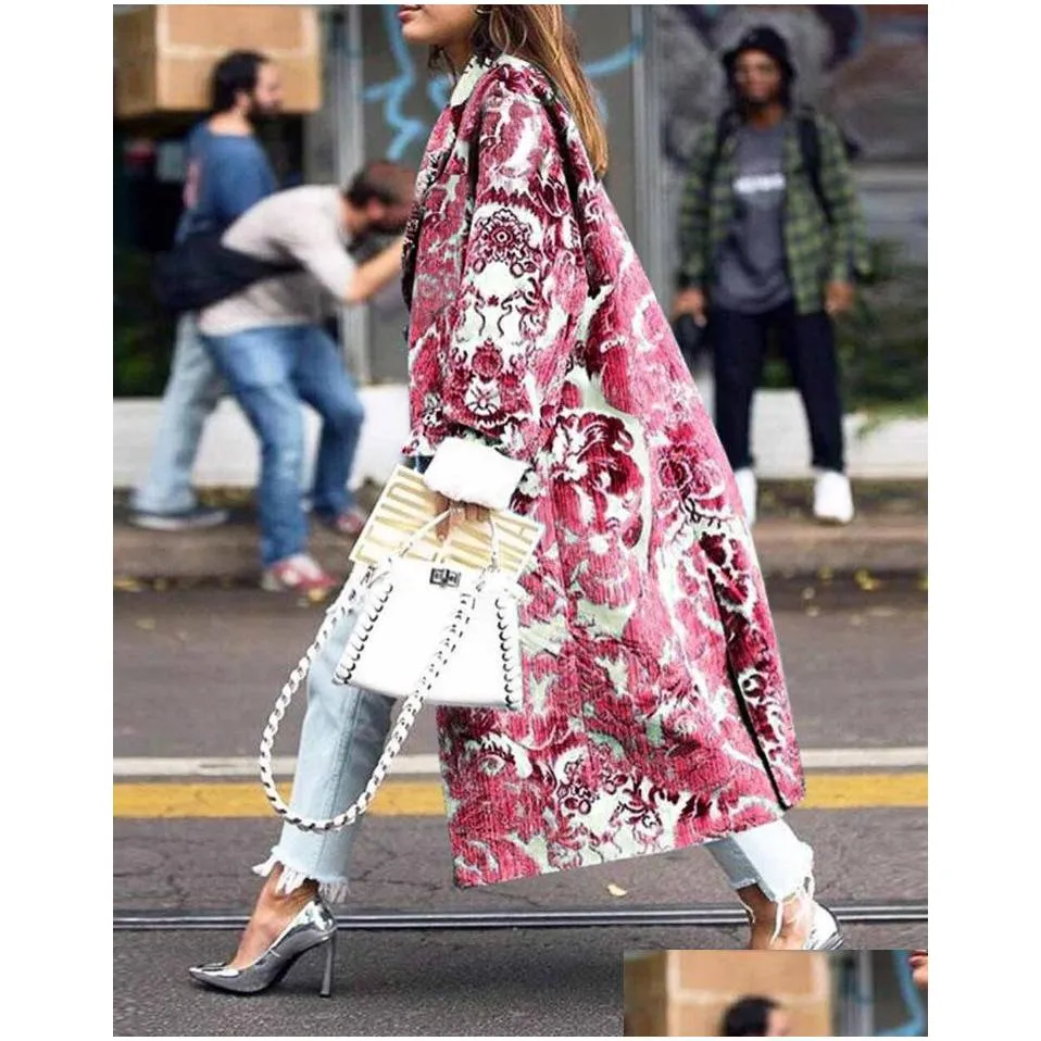 elegant autumn street lady long wool cardigan coats fashion floral print pocket longsleeve jacket winter women blend wools coat