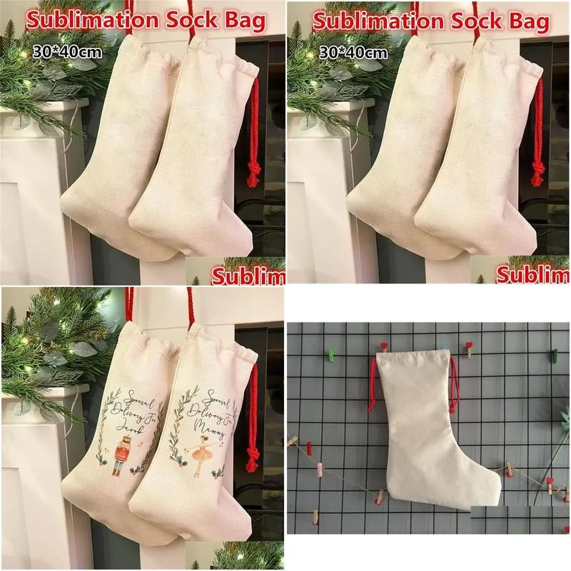 sublimation blank christmas stocking bag burlap linen halloween xmas personalized heat transfer printing drawstring socks