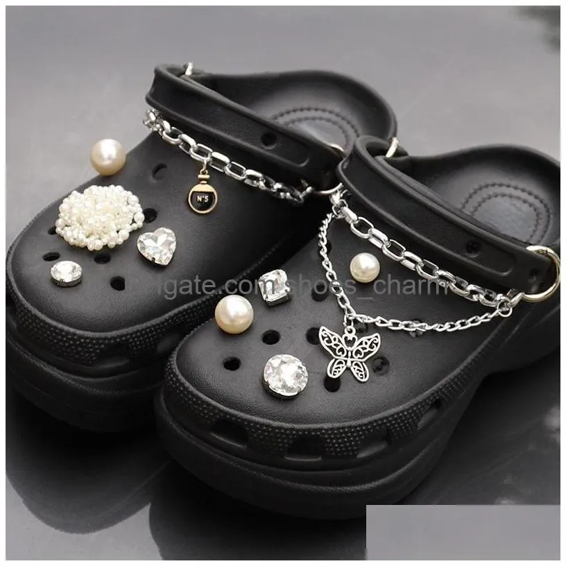 classic iron chain pearl flower buckle croc charms trend crystal shoe decoration