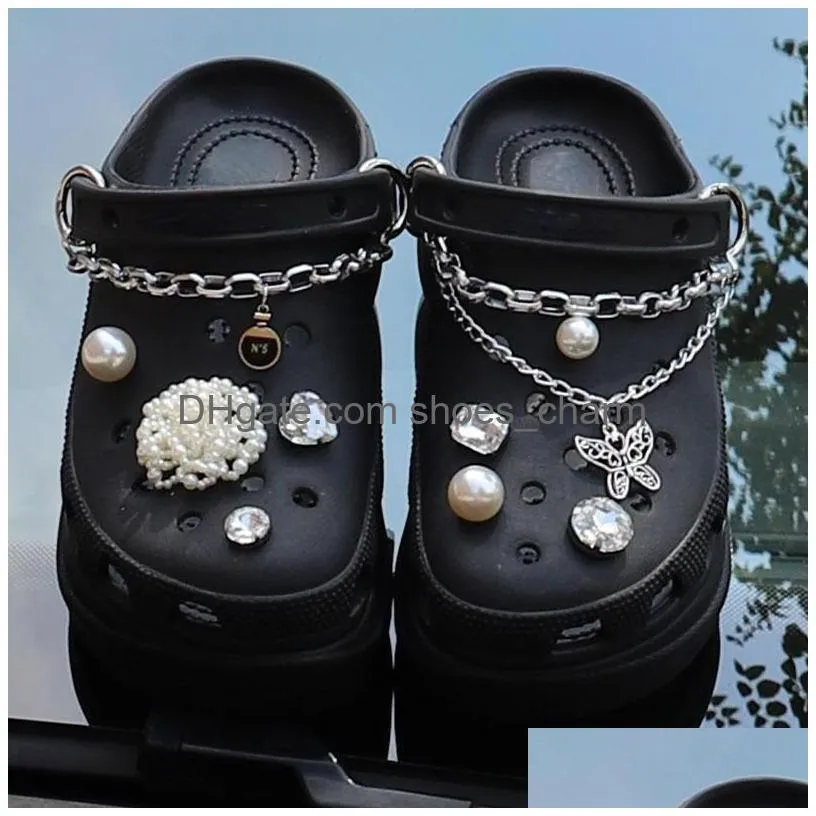 classic iron chain pearl flower buckle croc charms trend crystal shoe decoration