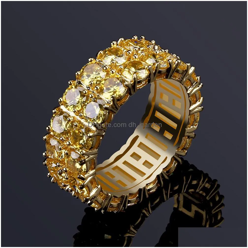 design gold color mens ring micro pave 2 row chain big 3a gold zircon shiny hip hop finger rings for men women jewelry