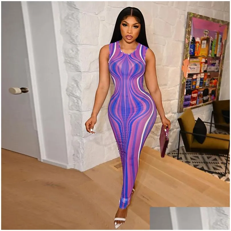 ripple wave print midi dress women striped sexy mesh transparent bodycon dresses summer elegant party outfits