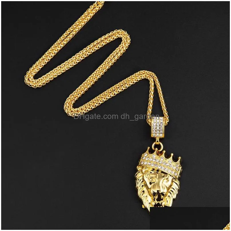 mens hip hop gold cuban link chain  head king crown pendant necklace fashion jewelry