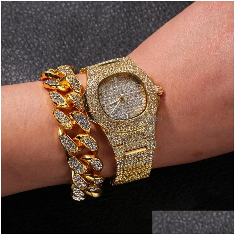 hip hop bling chains jewelry men necklace iced out diamond  cuban chain rose gold silver watch necklaces bracelet set