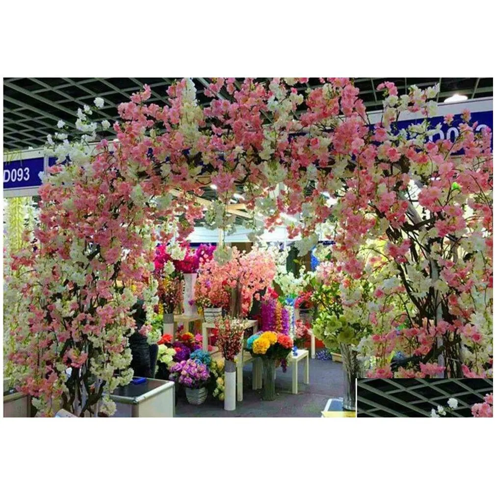 Decorative Flowers & Wreaths 135Cm Fake Cherry Blossom Tree 4 Fork Sakura Branch Artificial Flower Silk Wedding Background Wall Decora Otfvv