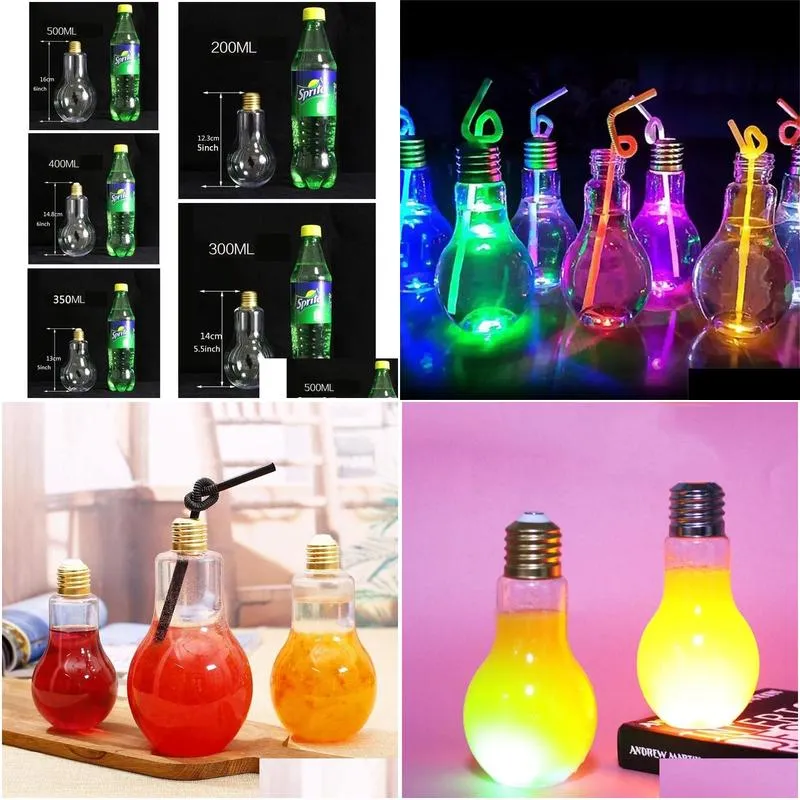 Water Bottles Wholesale Led Light Bb Water Bottle Plastic Milk Juice Disposable Leak-Proof Drink Cup With Lid Creative Drinkware Drop Dhak4