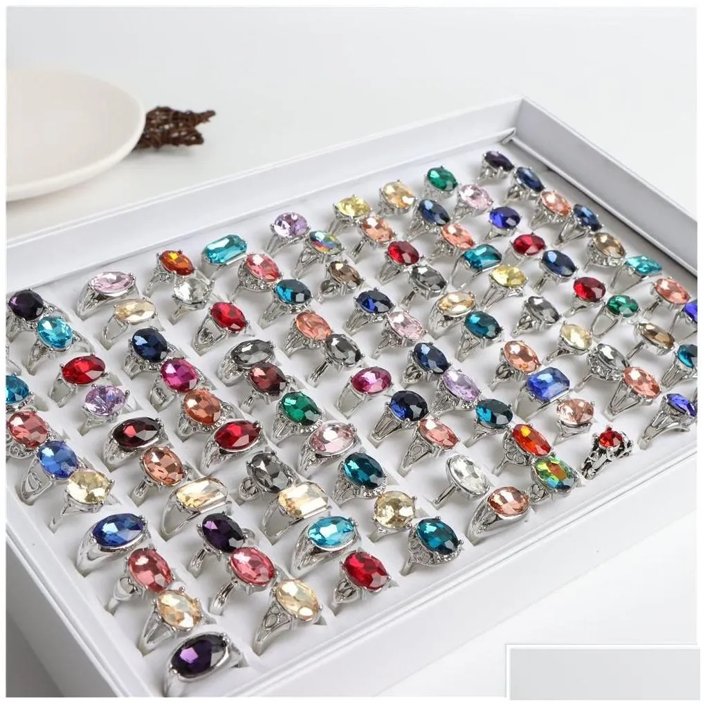 solitaire ring wholesale 50pcs/lot fashion colorf glass imitation gemstone rings for women mix color party gifts jewelry drop deliver