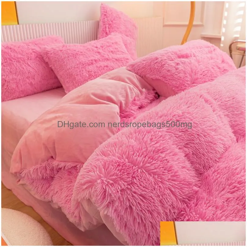 Bedding Sets Bedding Sets Winter Super Warm Set Solid Color Plush Bed Sheet Duvet Er Camel Veet Double Pillowcase 4 Drop Delivery Home Dhjhc