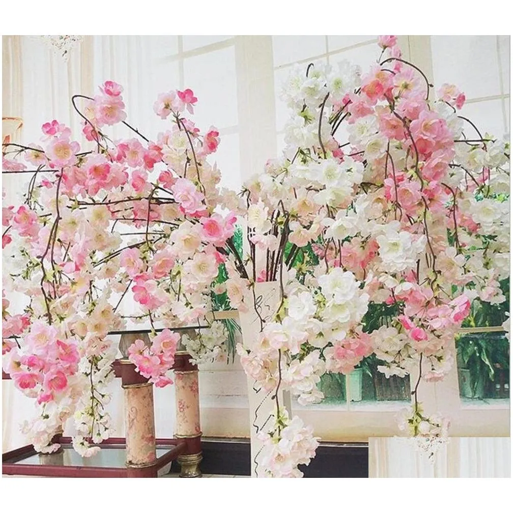 Decorative Flowers & Wreaths 135Cm Fake Cherry Blossom Tree 4 Fork Sakura Branch Artificial Flower Silk Wedding Background Wall Decora Otfvv