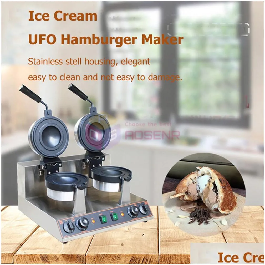 Commercial Double Head Rotary UFO Burger Machine Ice Cream Hamburg Maker Gelato Panini Press Machine Waffle Maker