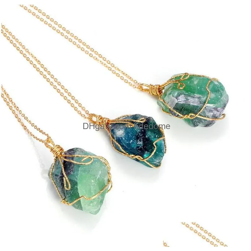 Wholesale 5 Color Handmade Irregar Amethyst Citrine Pendant Necklace Women Natural Stone Crystal Quartz Fluorite Necklaces Jewelry Dro Dhvps