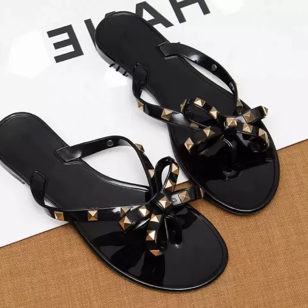 Fashion Design Rivet Bow Sandals Summer Crystal Shoes Women`s Outdoor Craft Flip Flops