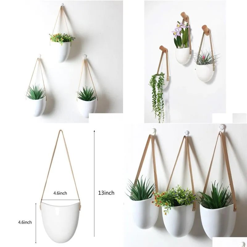 Planters & Pots 3Pcs/Set Nordic Style Ceramic Flower Pot Plant Decoration Stand Hanging Planter Home Corridor Balcony Wall T200104 Dro Otho9