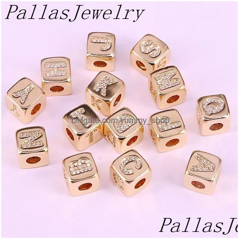 10pcs gold cz initial alphabet letter a-z square diy loose bead fits charms bracelet for women men jewelry y200730