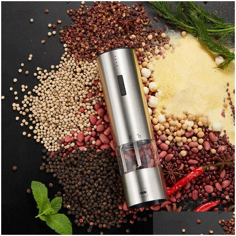 Electric Automatic Mill Pepper and Salt Grinder Spice Grain Mills Porcelain with LED Light Kitchen Tools 210712