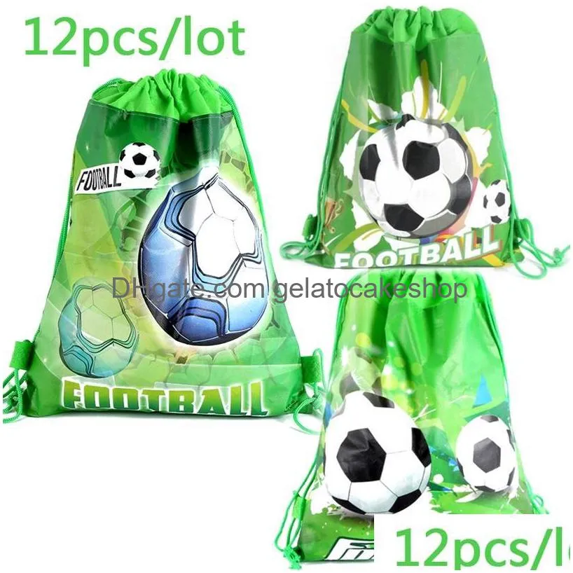 12pcs/lot football theme backpack happy birthday party nonwoven fabrics soccer ball drawstring gifts bag baby shower mochila 220427