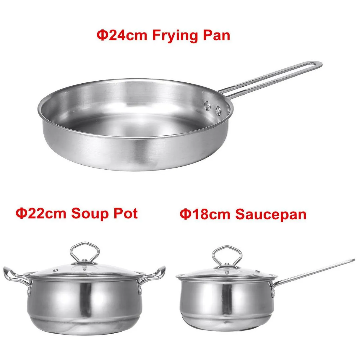 Soup & Stock Pots 3Pcs/Set Thicken Stainless Steel Cooking Soup Pot Nonstick Frying Pan Saucepan With Glass Lid For Induction Cooker G Otnyv