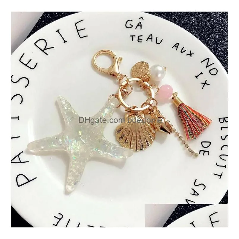 Creative Trinket Novelty Imitation Pearl Shell Starfish Tassel Keychain Charm Car Key Chain Ring Holder Bag Accessory Gift R127 Drop D Dhlxv