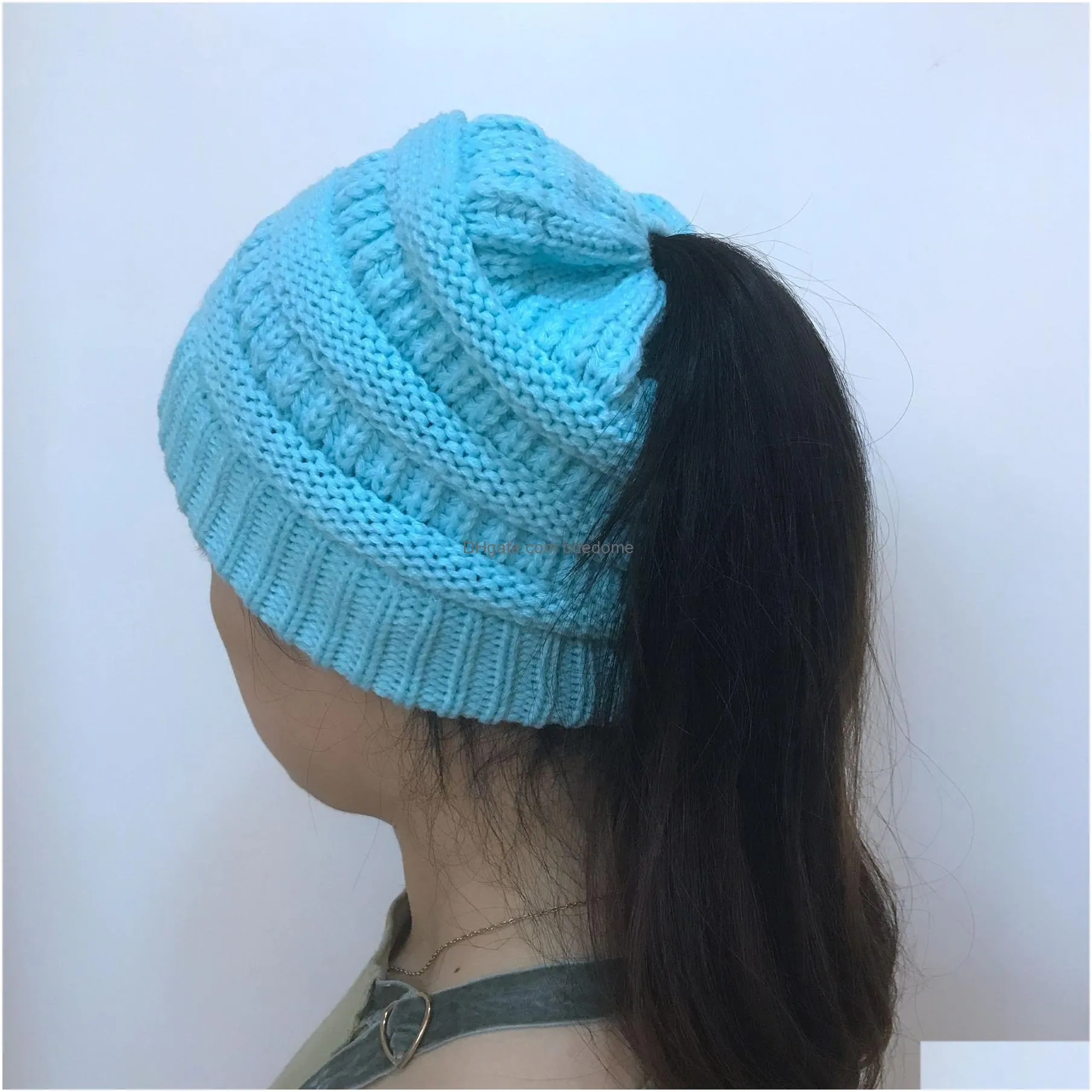 10 Colors Fashion Ponytail Knitted Hat Autumn And Winter Warm Woolen For Women Colorf Outdoor Knit Drop Delivery Dh7Jq