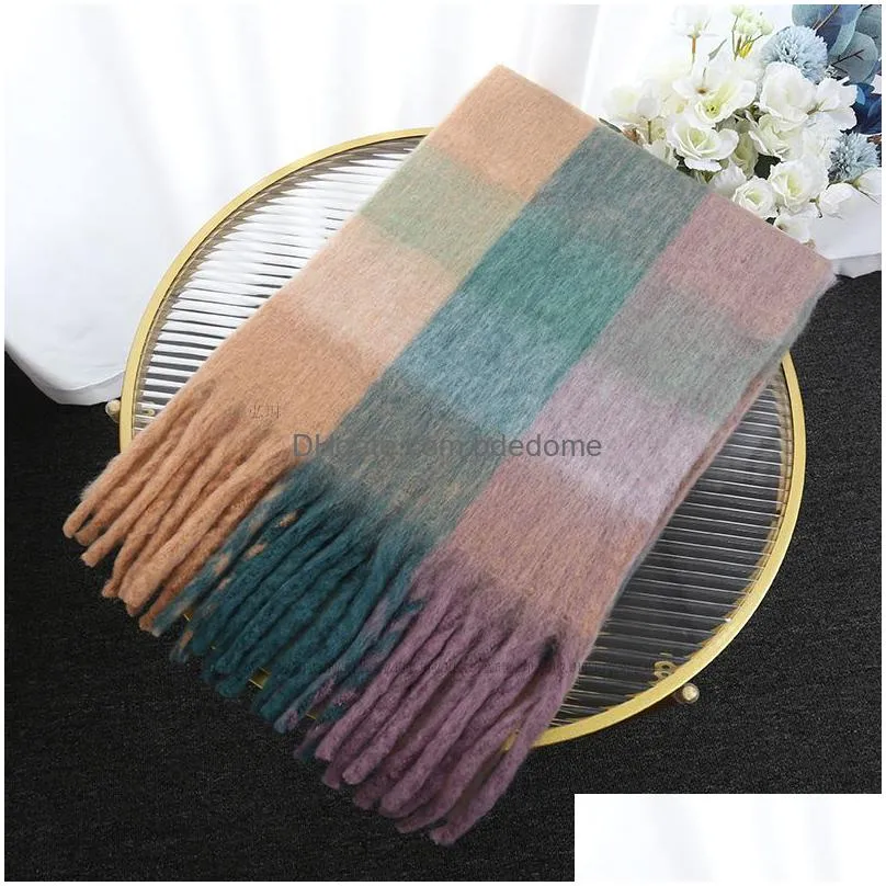 Mti Colors Fashionable And Warm Rainbow Plaid Scarf Autumn Winter Tassel Shawl For Men Women Thickened Seahorse Fur Drop Delivery Dhxxh