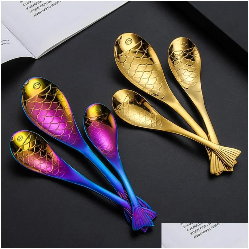 Stainless Steel Fish Shape Spoons Creative Cartoon Stirring Spoon Mixing-spoon Soup Spoon Dessert-spoon Tea-spoon Ice Cream Scoop Flatware Dining Utensils