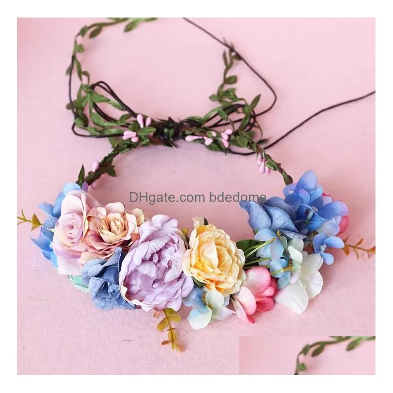 Bridal Colorf Flower Hair Band Mori Festives Girl Rattan Garland Holiday Beach Bucket Hat Drop Delivery Dhxut