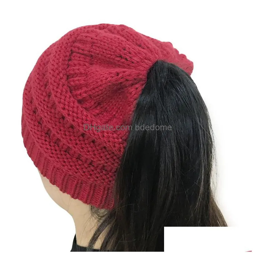 10 Colors Fashion Ponytail Knitted Hat Autumn And Winter Warm Woolen For Women Colorf Outdoor Knit Drop Delivery Dh7Jq