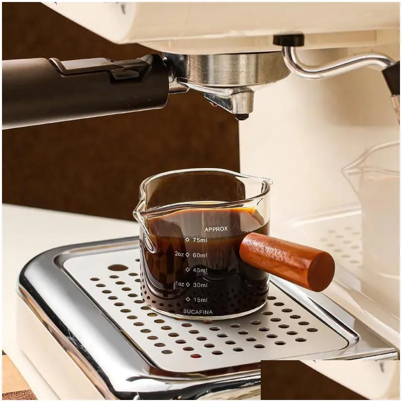 Drinkware Coffee Tools Coffee extraction measuring cup glass wooden handle small milk cup