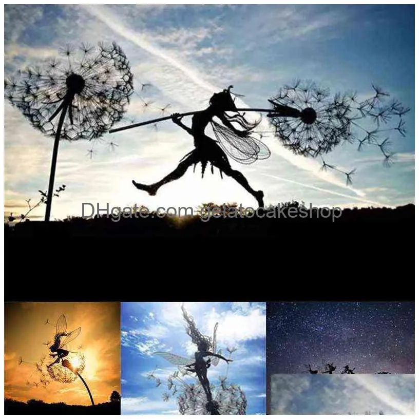 landscape decorative stake fairies and dandelions dance together metal garden yard art decor lawn sculpture decoration 211101