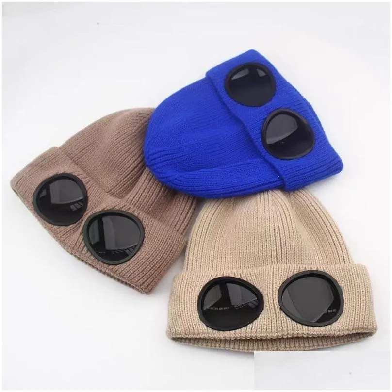 Beanie/Skull Caps Uni Fleece Ski Caps Beanie Winter Windproof Hat With Goggles Knitted Warm Wool Hats Snow Skl Outdoor Sports Cap Fash Otyjt