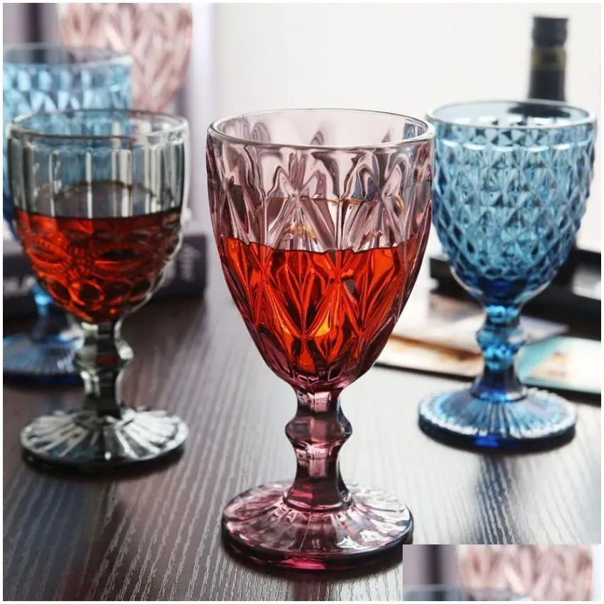 Wine Glasses 10Oz Vintage Glass Goblets Embossed Stemmed Wine Glasses Colored Drinking Fy5509 Jy08 Drop Delivery Home Garden Kitchen, Dh0Rg