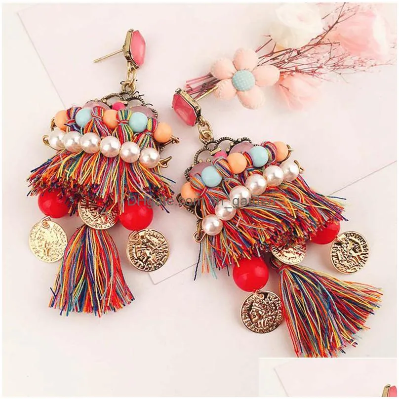 new arrival colorful long tassel earrings metal alloy simulatedpearl stud earrings vintage statement women jewelry popular gift