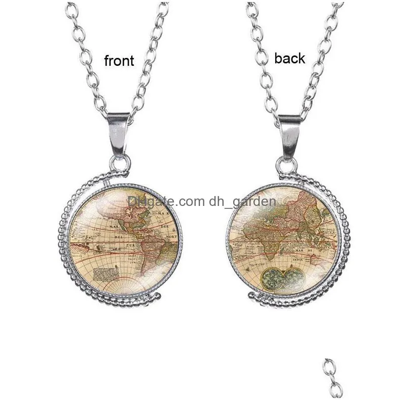 vintage double sided necklace world map necklaces pendants jewelry glass cabochon rotatable earth pendant choker for women